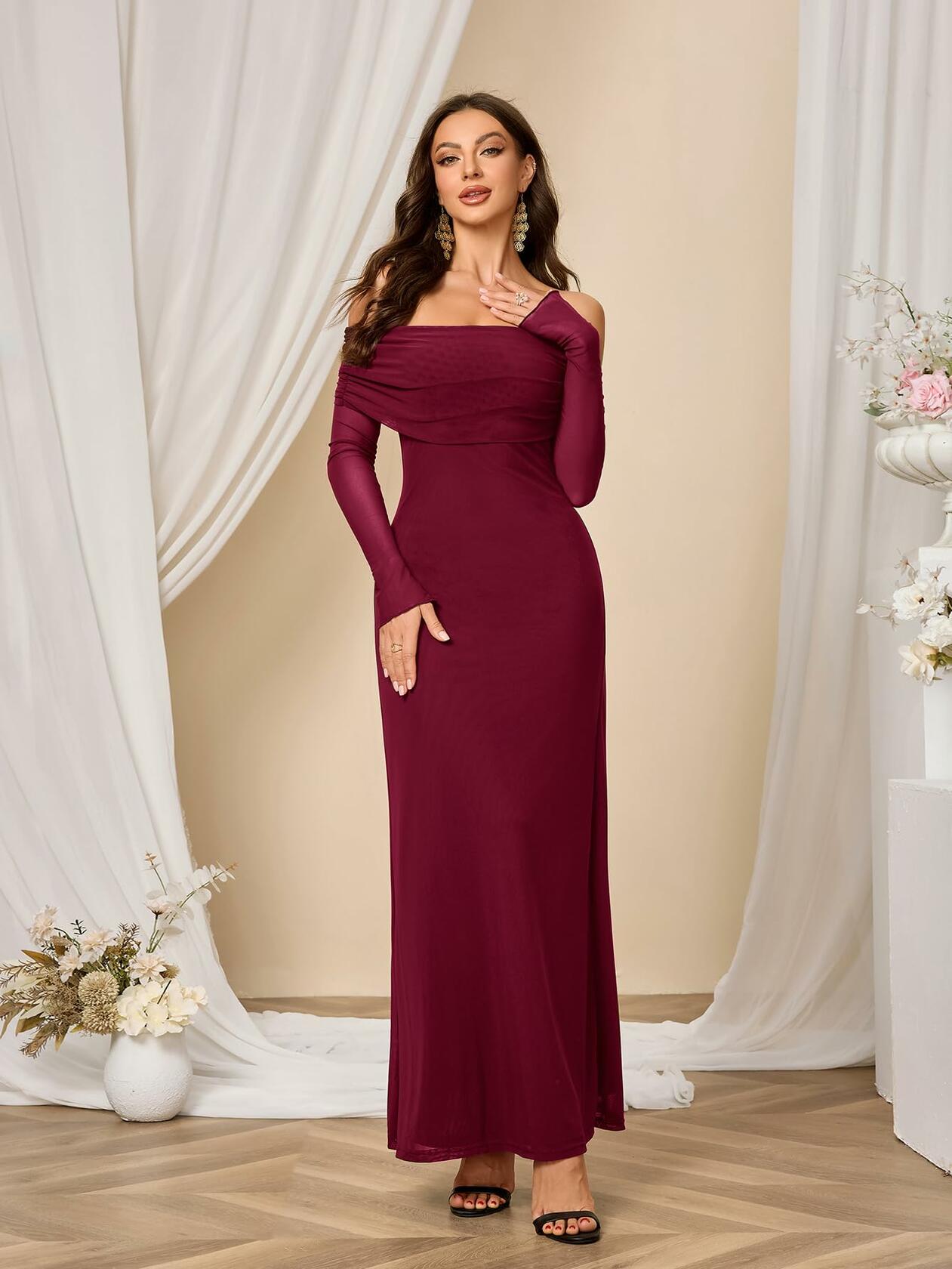 Colysmo Women Long Sleeve Mesh Off Shoulder Bodycon Maxi Dress Burgundy Size L