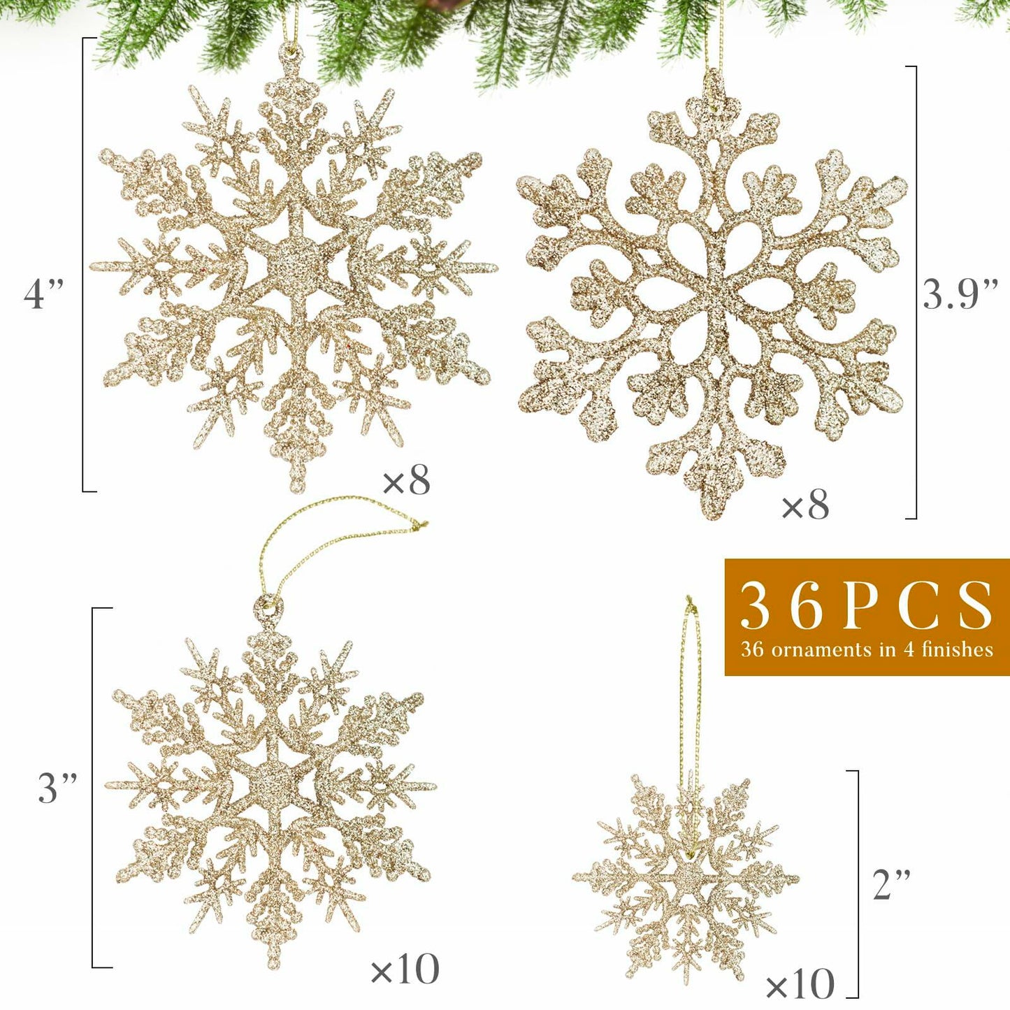 Langley Christmas Snowflake Ornaments Set Rose Gold 36pcs 4 Sizes