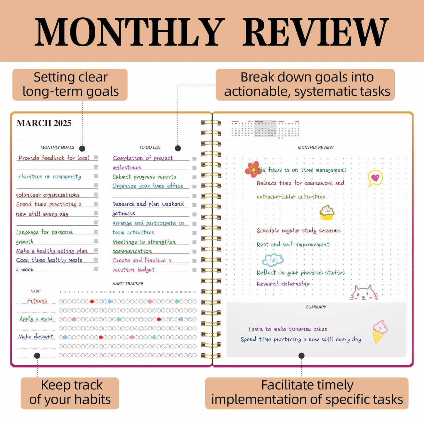 DOURA 2025-2026 Monthly Planner 24 Months 7x9.5 Pinkish-Orange Waterproof Cover