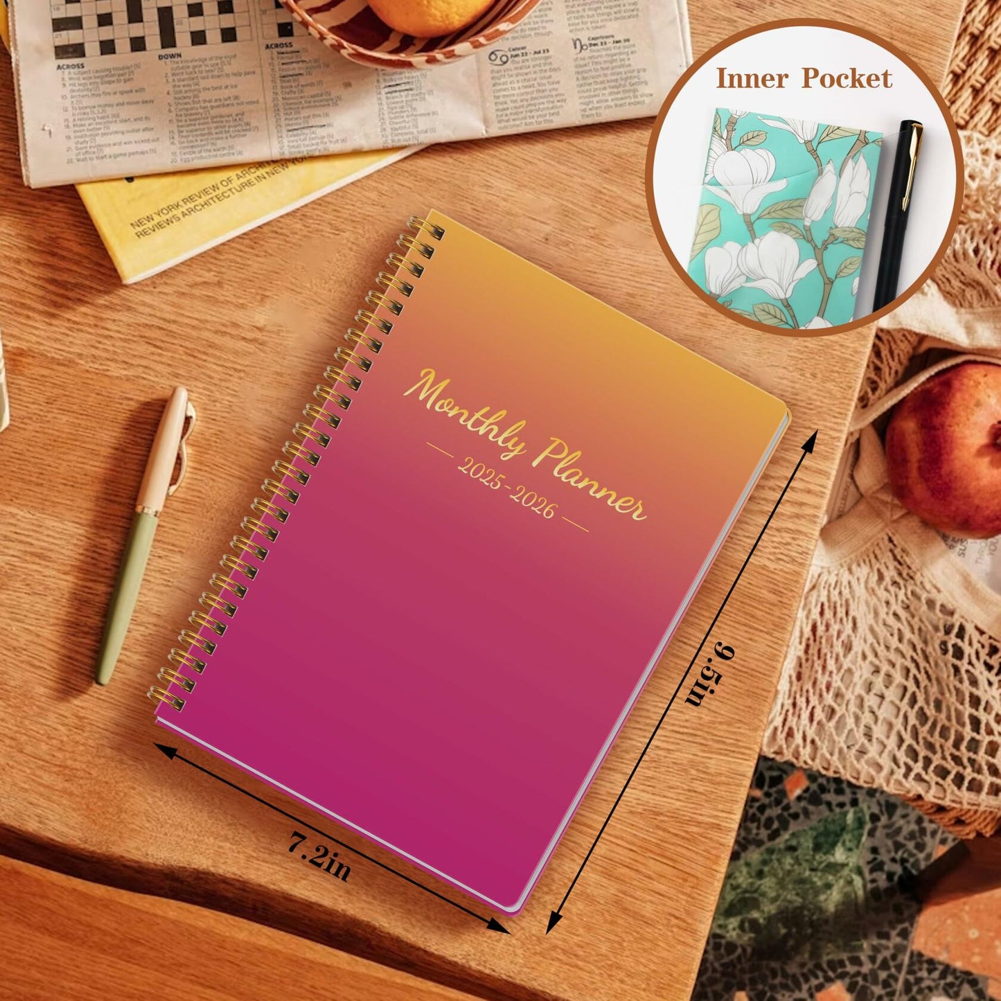 DOURA 2025-2026 Monthly Planner 24 Months 7x9.5 Pinkish-Orange Waterproof Cover