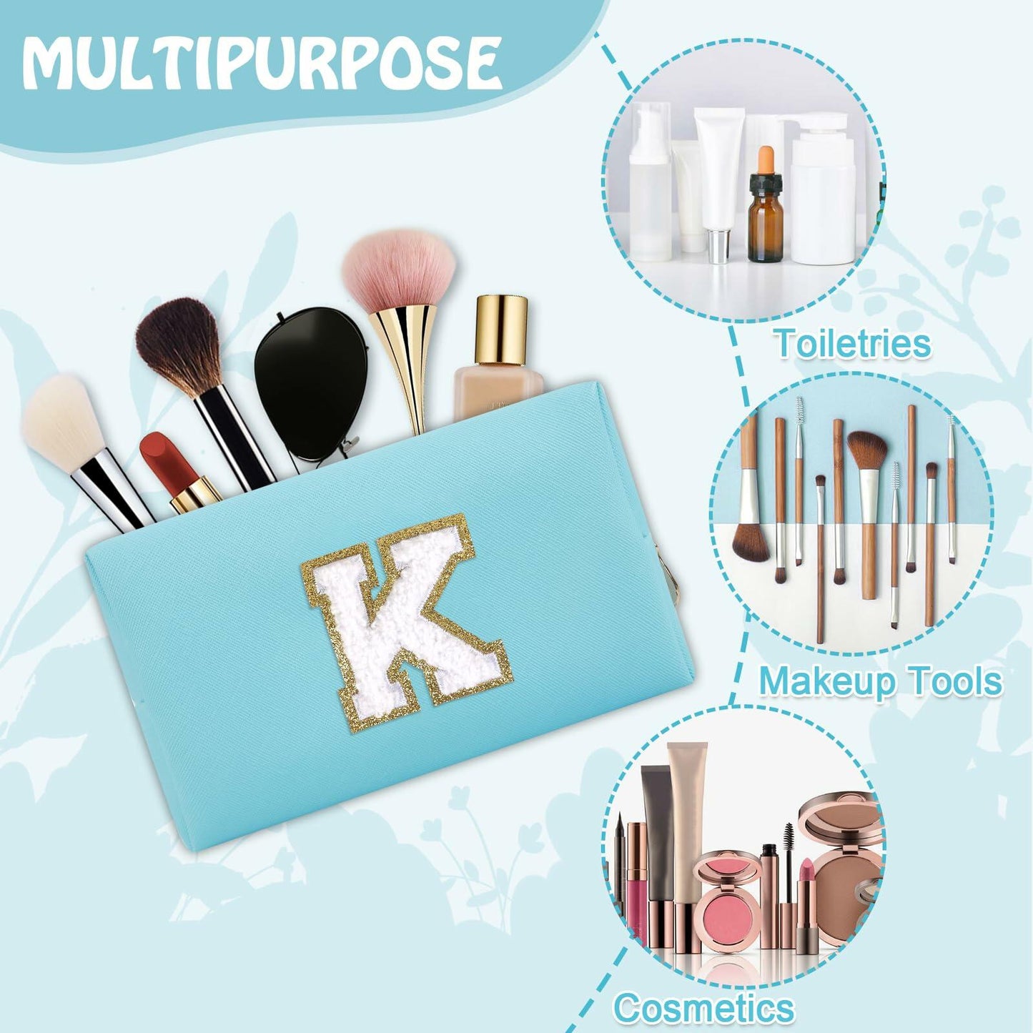 Personalized Chenille Letter K Makeup Bag Small Blue Waterproof PU Leather