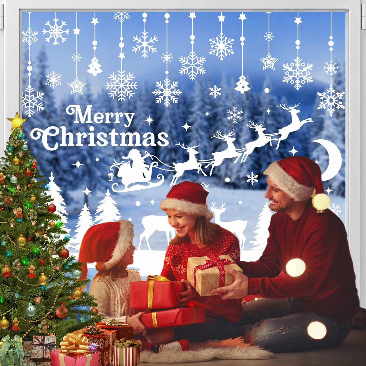 HOWAF 9 Sheets Merry Christmas Winter Wonderland Window Clings Snowflake Elk