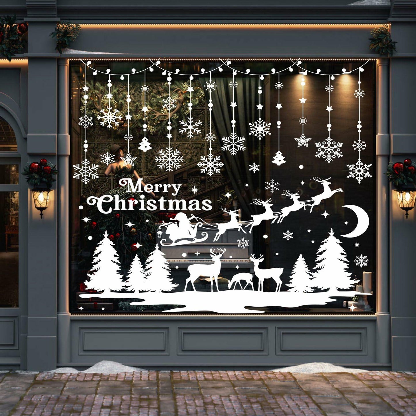 HOWAF 9 Sheets Merry Christmas Winter Wonderland Window Clings Snowflake Elk