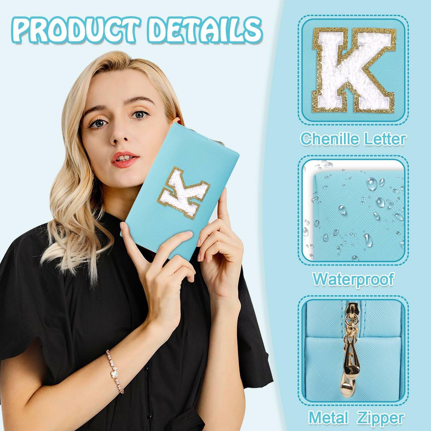 Personalized Chenille Letter K Makeup Bag Small Blue Waterproof PU Leather