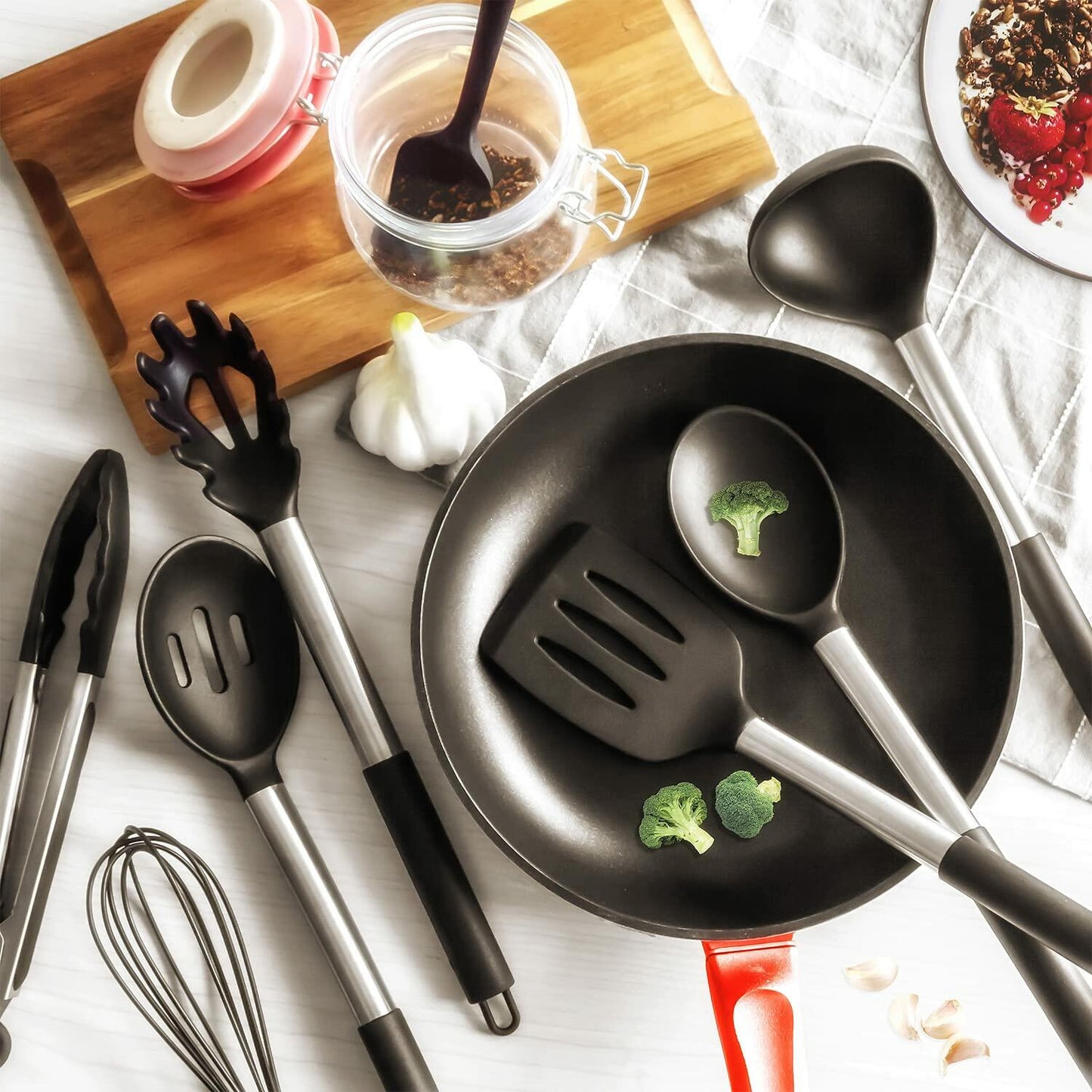 LeMuna Silicone Kitchen Utensils Set Heat Resistant Stainless BPA Free