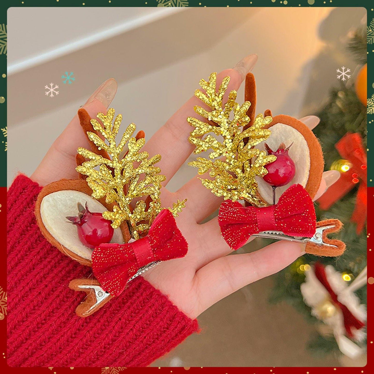 Christmas Bow Hair Clips Red Gold Reindeer Antler 2PCS Holiday Accessories