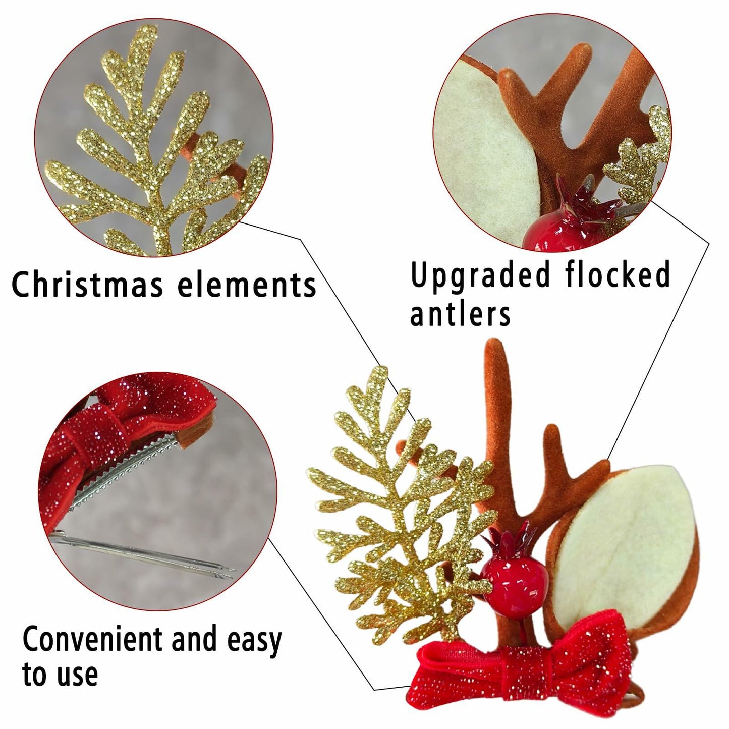 Christmas Bow Hair Clips Red Gold Reindeer Antler 2PCS Holiday Accessories