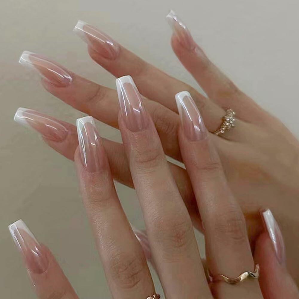 Pink Ombre Medium Coffin Press On Nails 24Pcs Glossy Gradient Acrylic