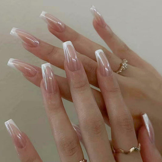 French Tip Press On Nails Short Square Pink Nude Glossy 24Pcs