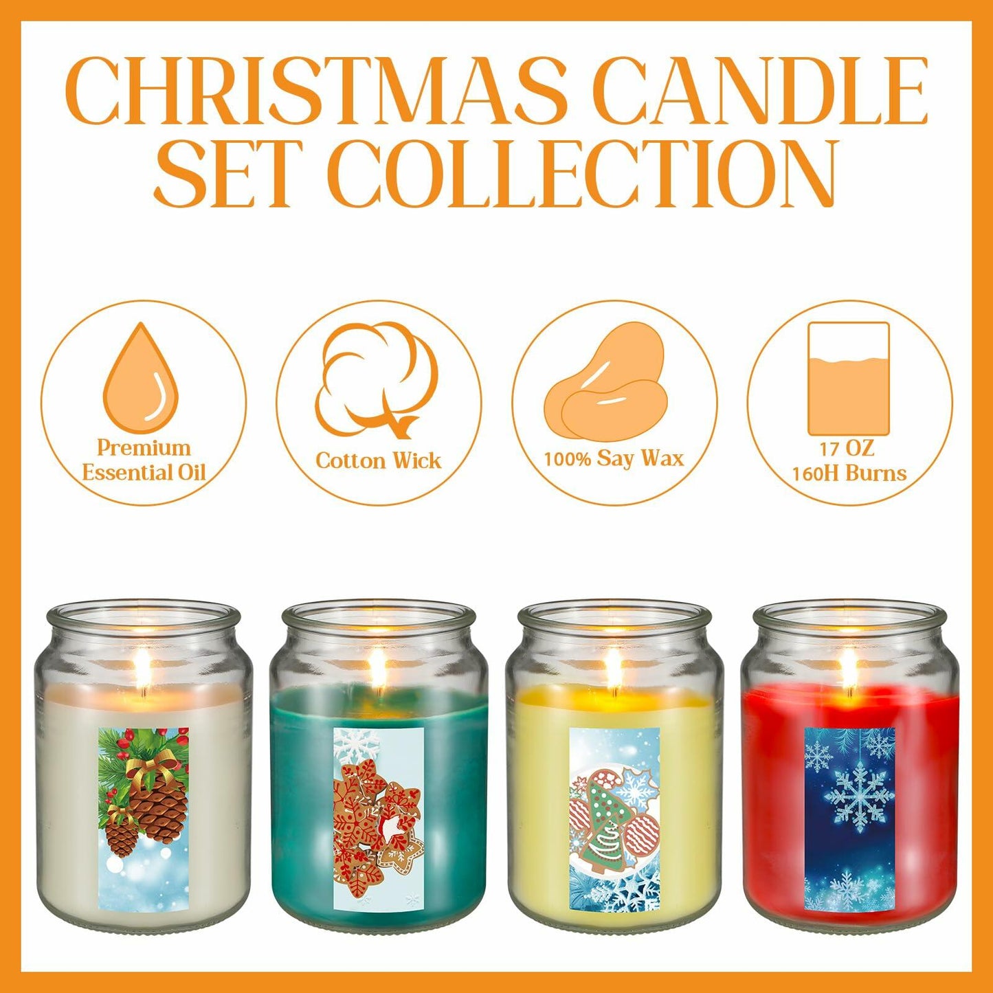 Tioncy Christmas Scented Candle Gift Set 68oz 4 Pcs Apple Cookies Mint