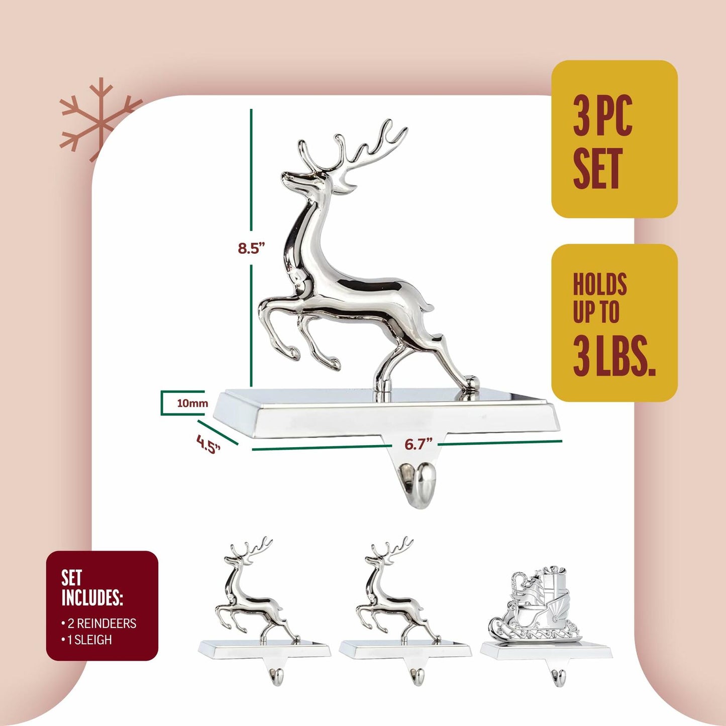 Klikel Reindeer Stocking Holder Set of 3 Deer and Sleigh for Mantel