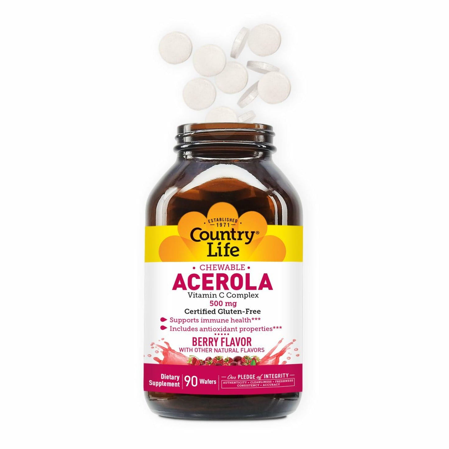 BestBy08/28 Country Life Acerola Vitamin C Complex 500mg Chewable 90 Wafers