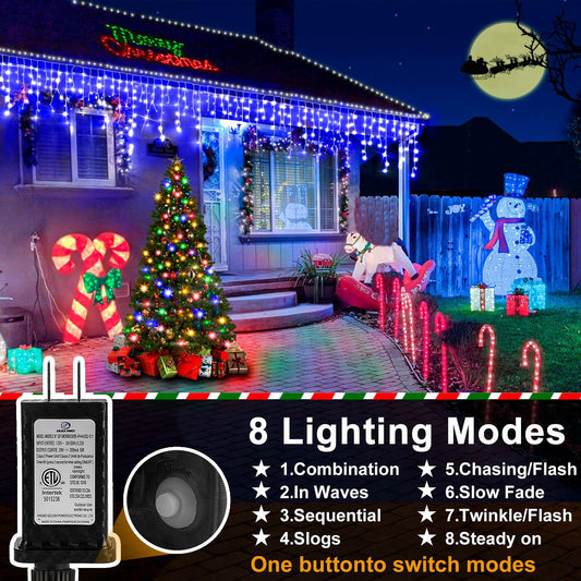 Christmas Lights Outdoor 2 Pack 98FT 960 LED Blue Icicle 8 Modes Timer