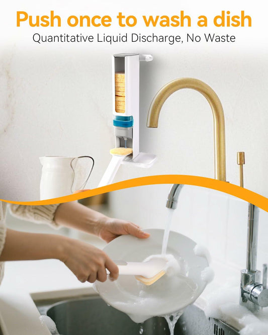 Soap Dispensing Dish Brush Set with 1 Long Handle & 10 Natural Loofah Sponges