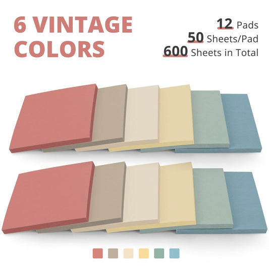 Sticky Notes 3x3 Inch 12 Pads Vintage Colors Easy to Stick School Office Home