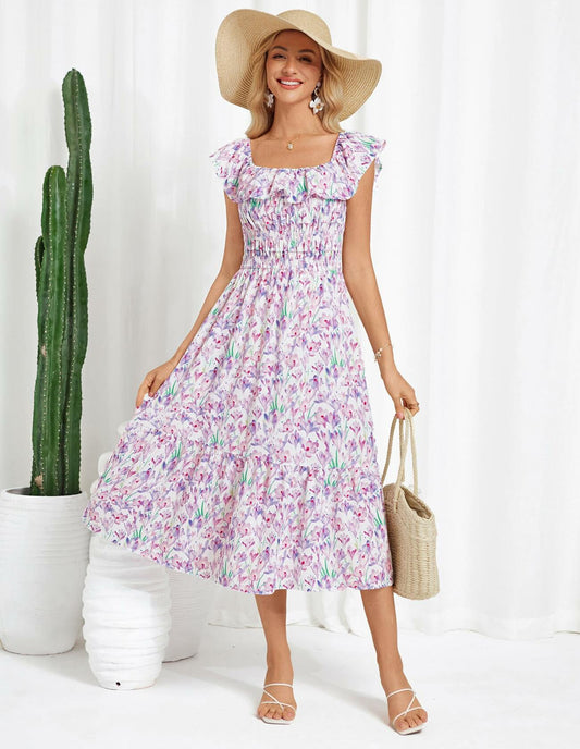 GRACE KARIN Women's Off Shoulder Floral Ruffle Midi Dress Rose Red Size XL