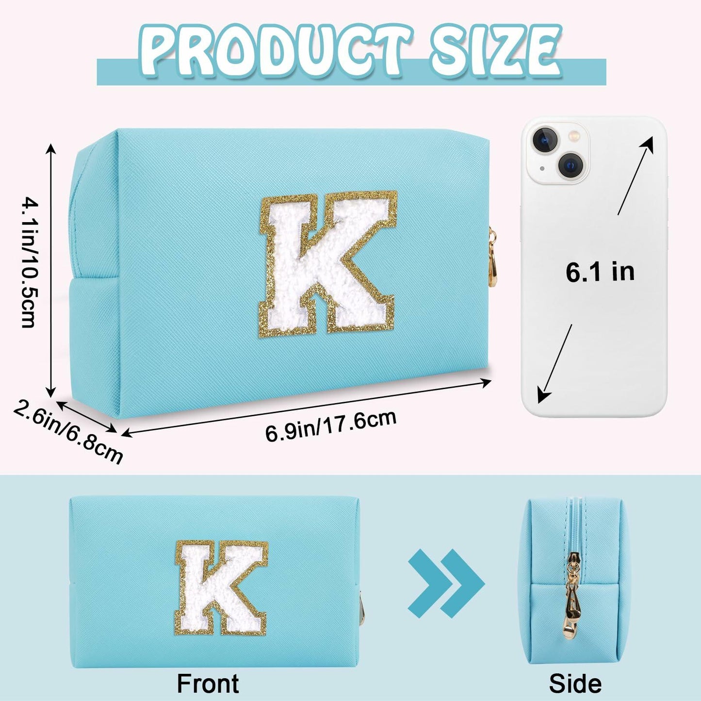 Personalized Chenille Letter K Makeup Bag Small Blue Waterproof PU Leather
