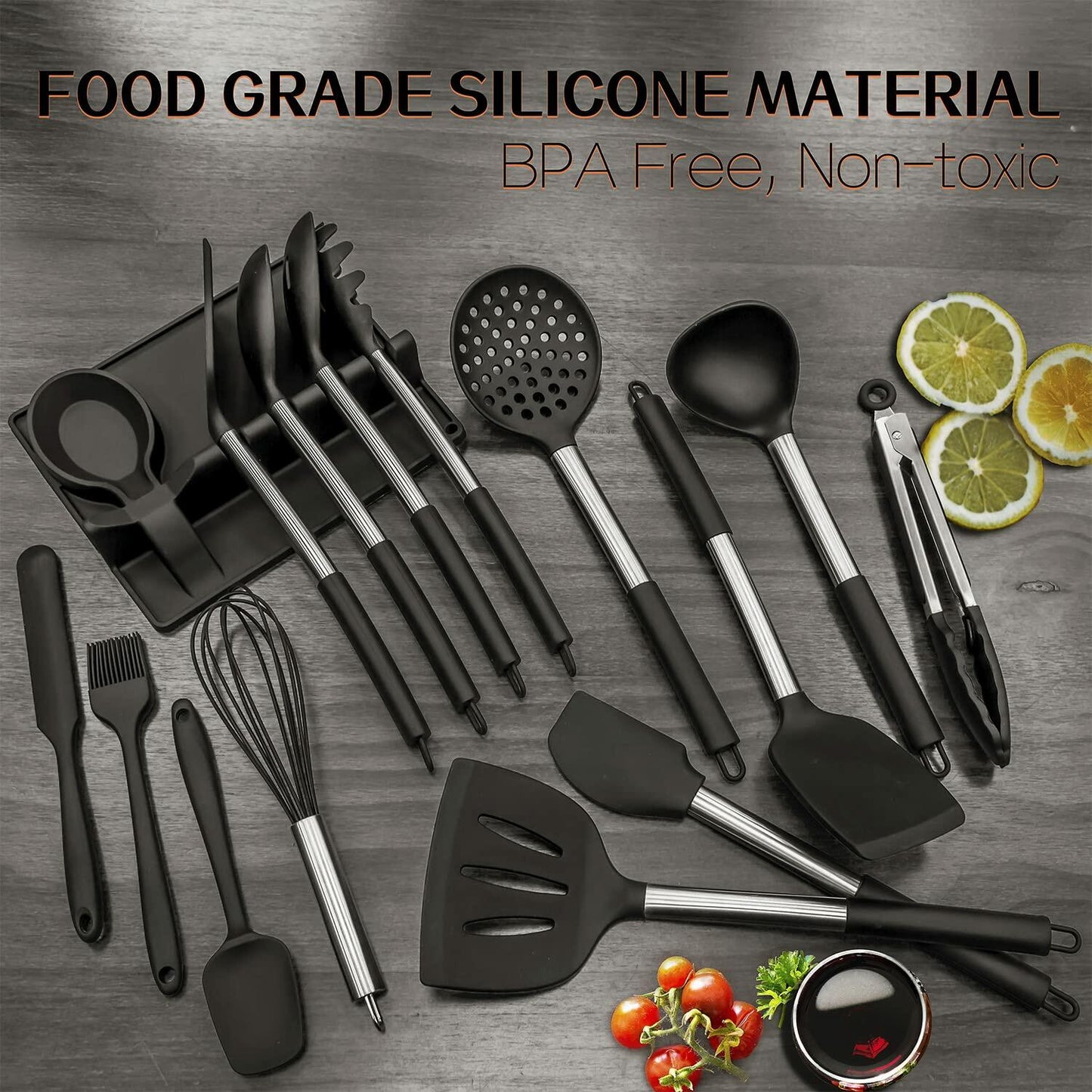 LeMuna Silicone Kitchen Utensils Set Heat Resistant Stainless BPA Free