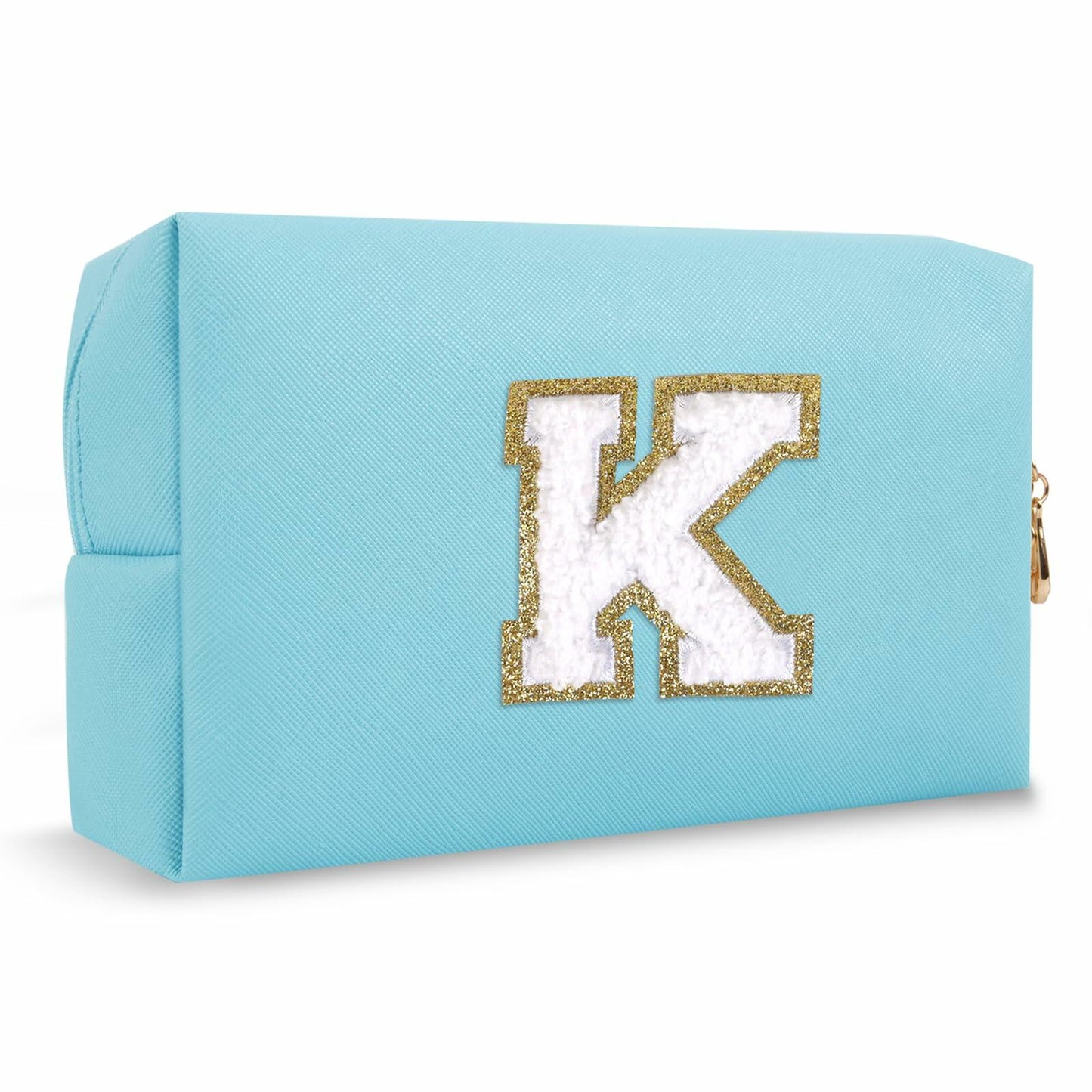 Personalized Chenille Letter K Makeup Bag Small Blue Waterproof PU Leather