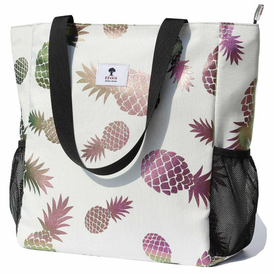 ESVAN Floral Water Resistant Large Tote Bag Shoulder Bag White Pineapple