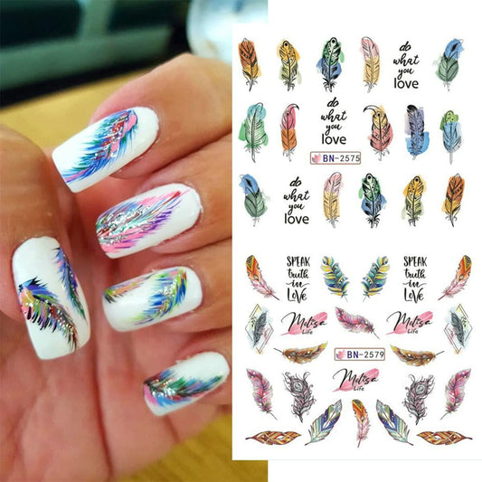 Feather Nail Water Sticker Decals Dream Catcher Colorful 12PCS Nail Art