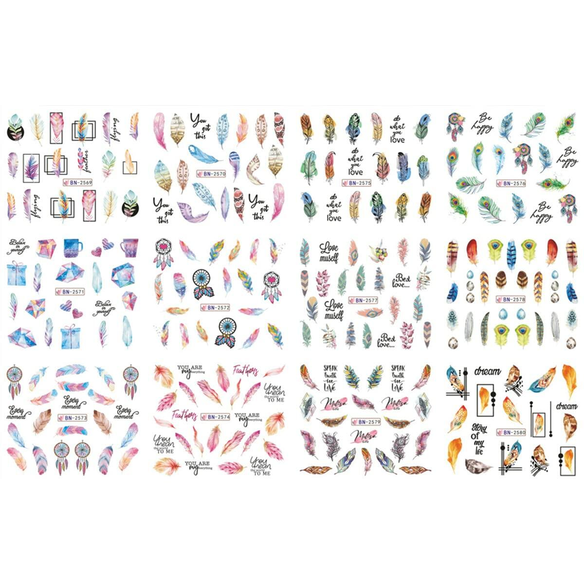 Feather Nail Water Sticker Decals Dream Catcher Colorful 12PCS Nail Art