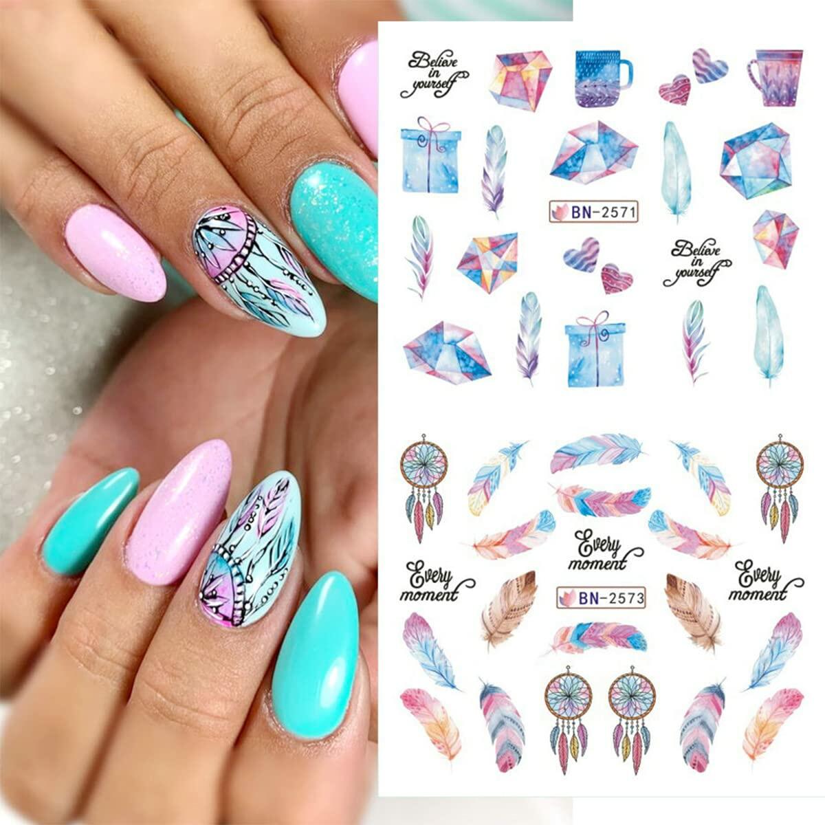 Feather Nail Water Sticker Decals Dream Catcher Colorful 12PCS Nail Art