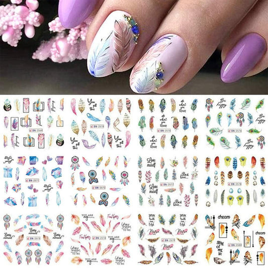 Feather Nail Water Sticker Decals Dream Catcher Colorful 12PCS Nail Art