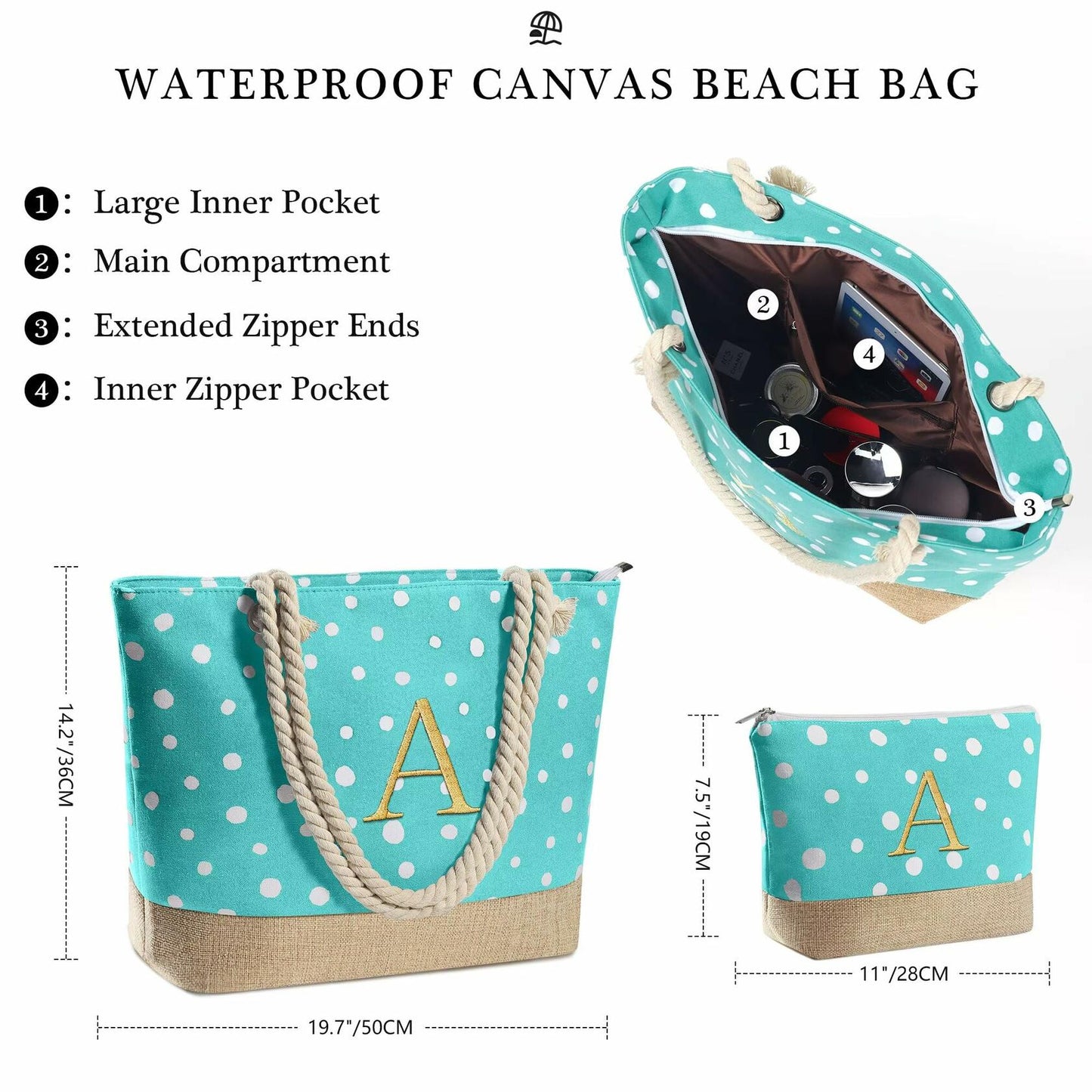 YOOLIFE Personalized Canvas Beach Tote Bag Waterproof with Makeup Bag