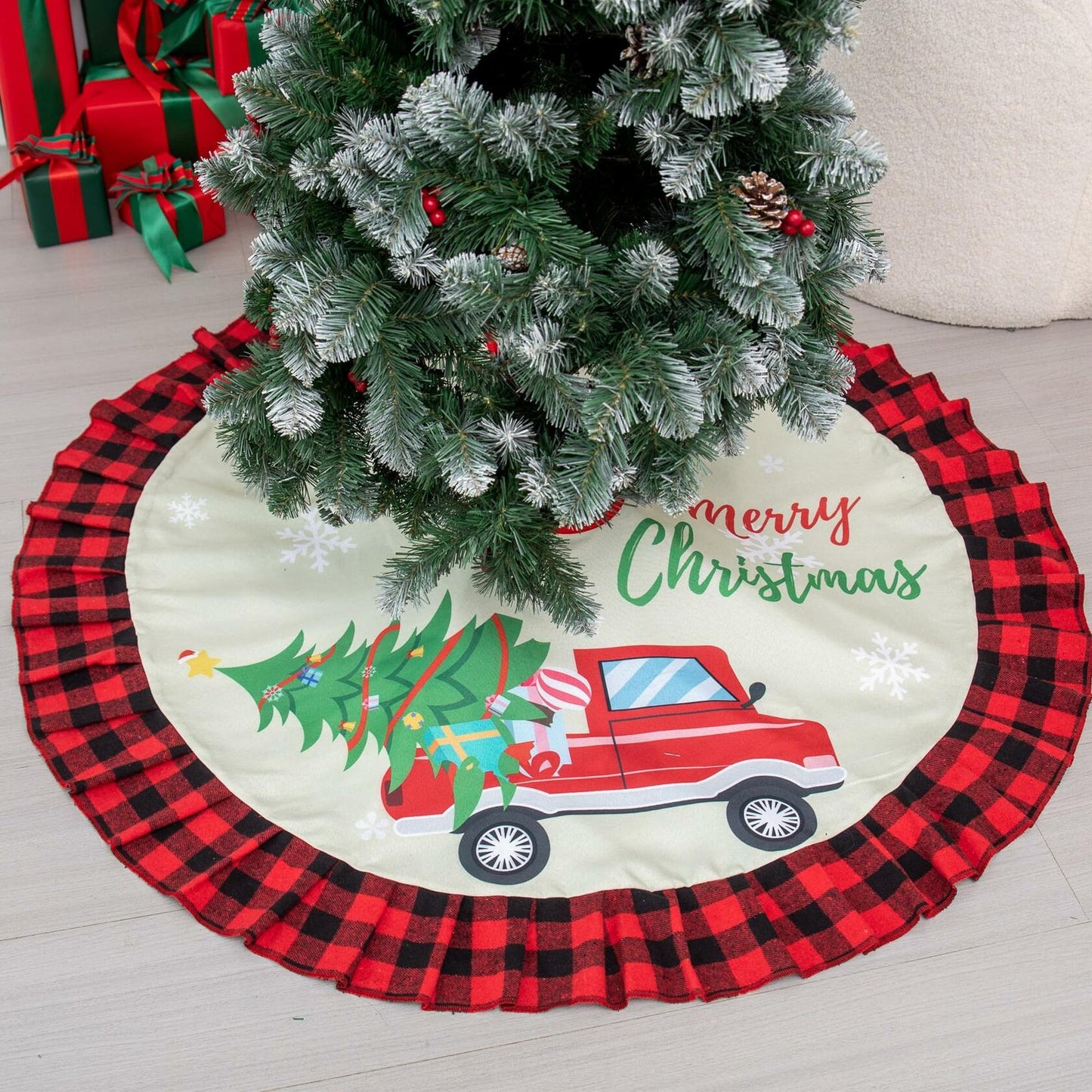 Burlap Christmas Tree Skirt 36" Red Black Buffalo Plaid Truck Farmhouse