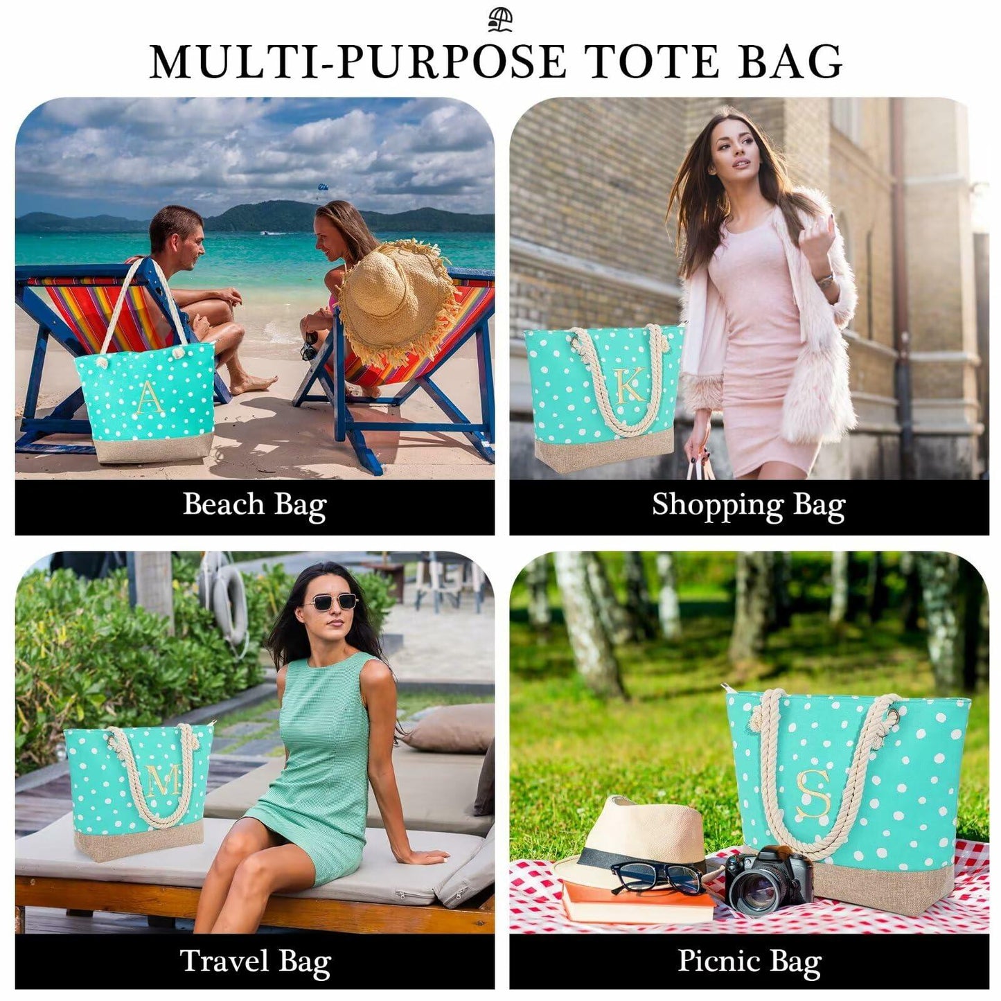 YOOLIFE Personalized Canvas Beach Tote Bag Waterproof with Makeup Bag