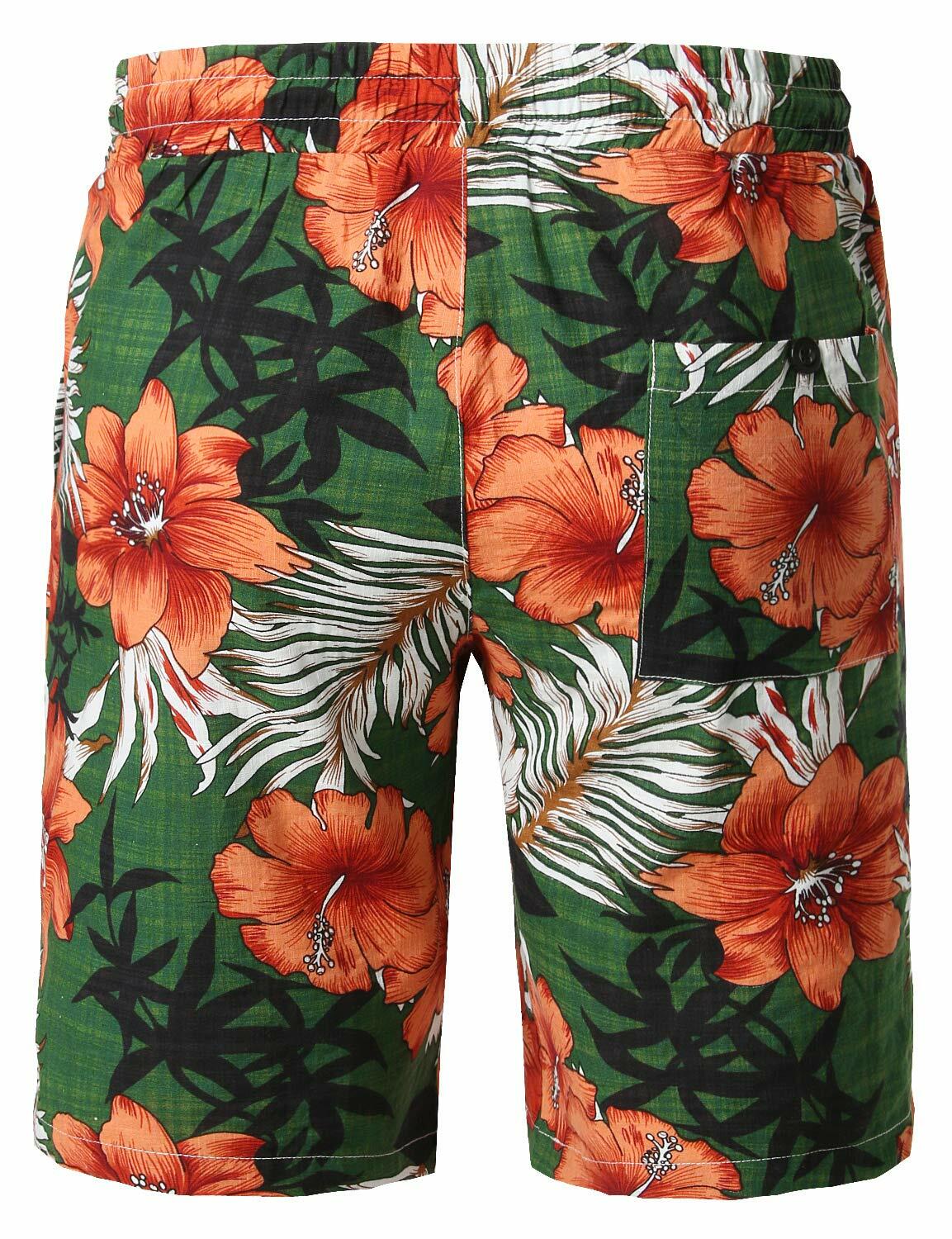 JOGAL Men's Flower Flat Front Casual Aloha Hawaiian Shorts Green Size M