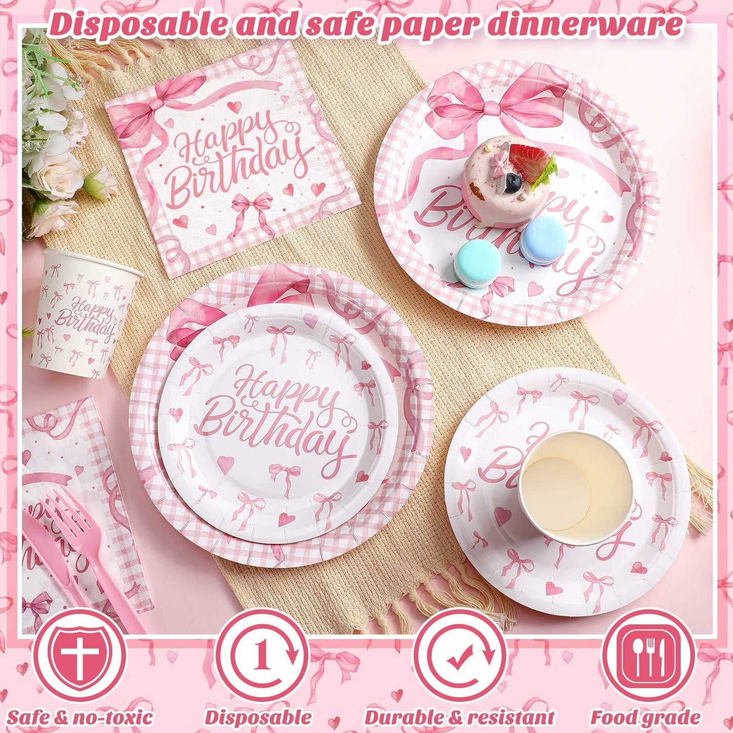 Coquette Pink Bow Birthday Party Supplies 216 Pcs Plates Napkins Set