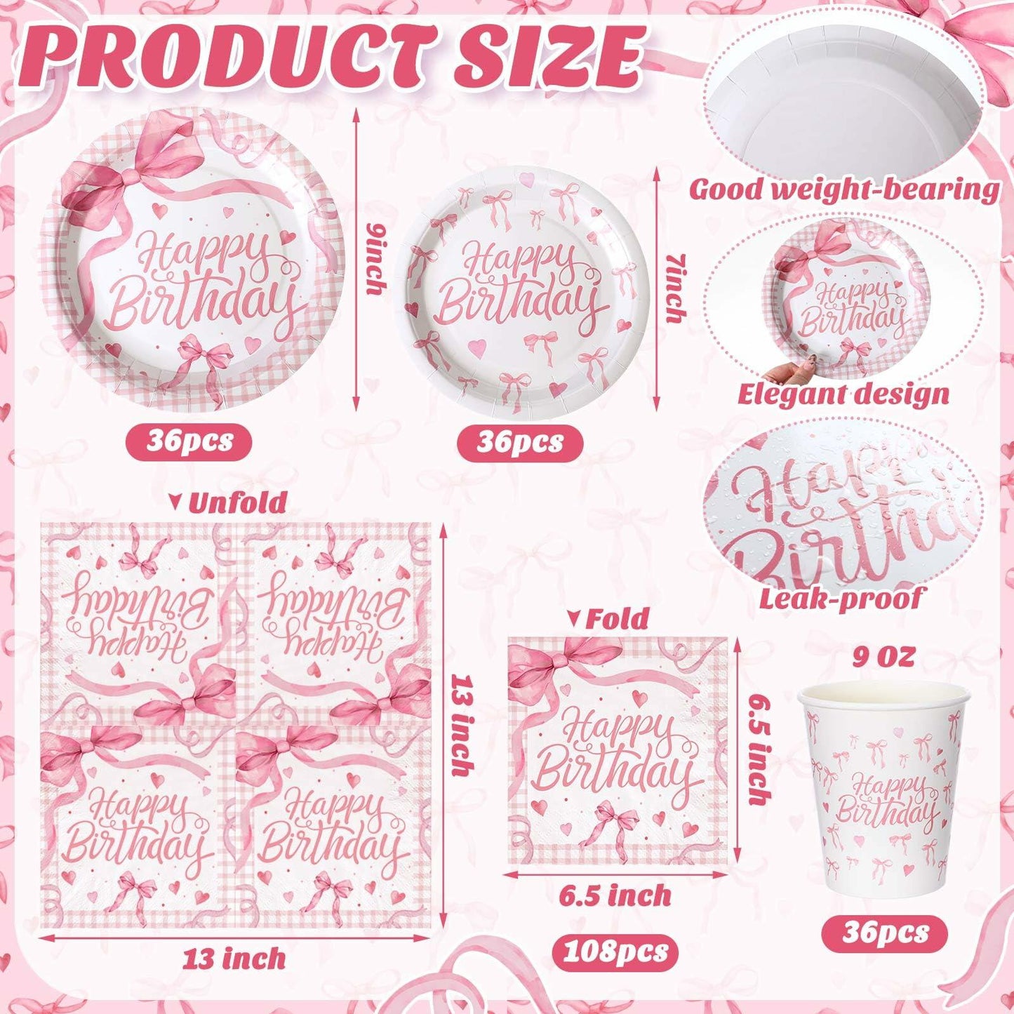 Coquette Pink Bow Birthday Party Supplies 216 Pcs Plates Napkins Set
