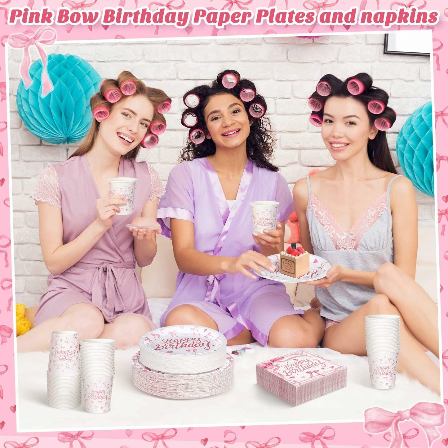 Coquette Pink Bow Birthday Party Supplies 216 Pcs Plates Napkins Set