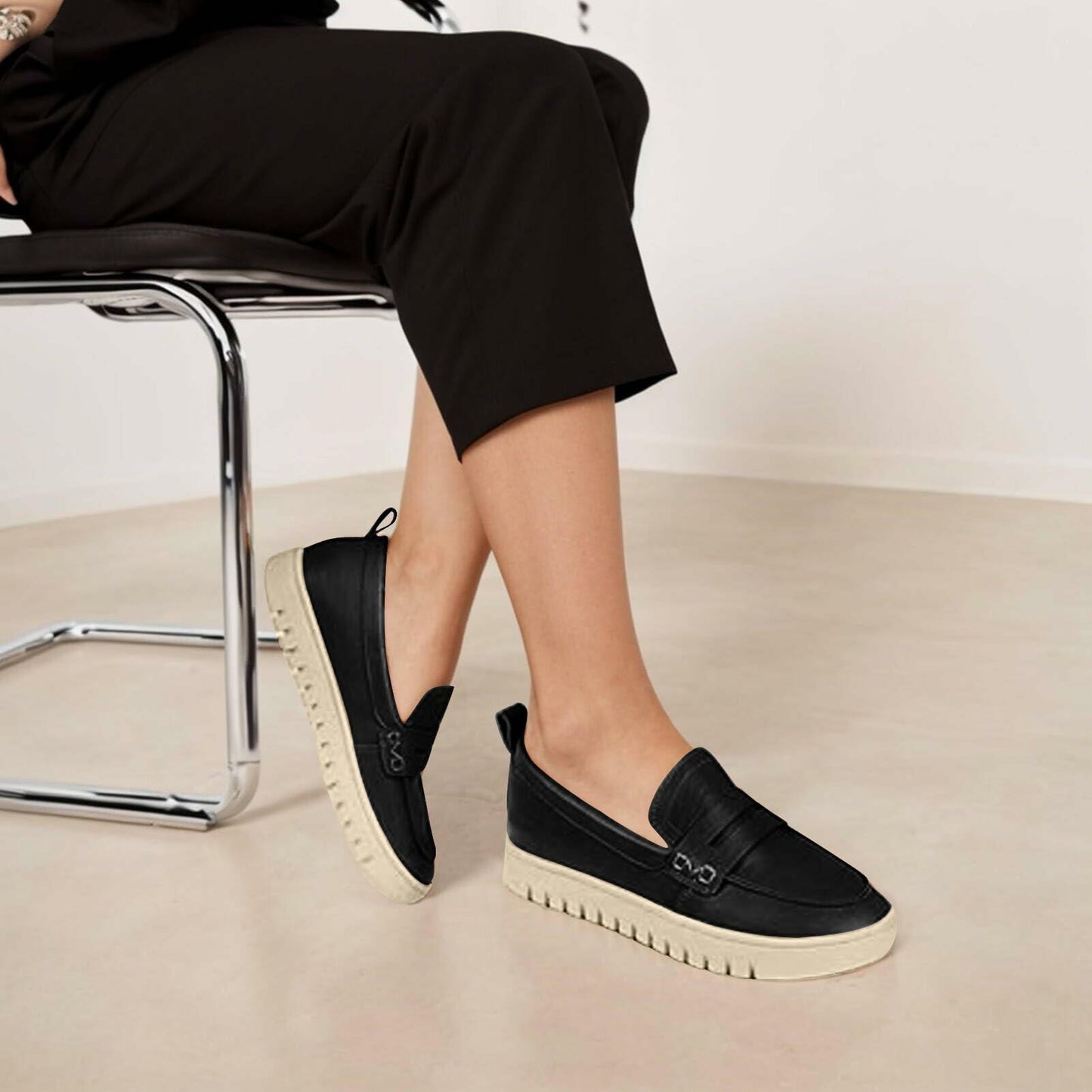 AIZIYOO Women's Leather Loafers Flats Slip-ons Black Size US 8.5-9