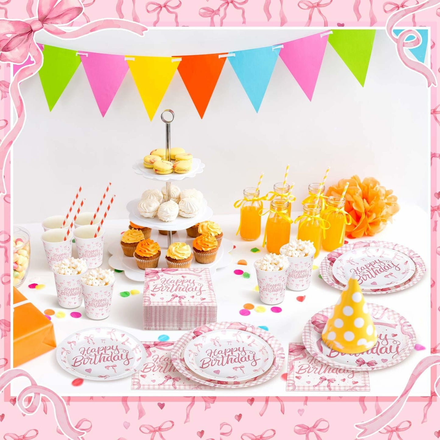 Coquette Pink Bow Birthday Party Supplies 216 Pcs Plates Napkins Set