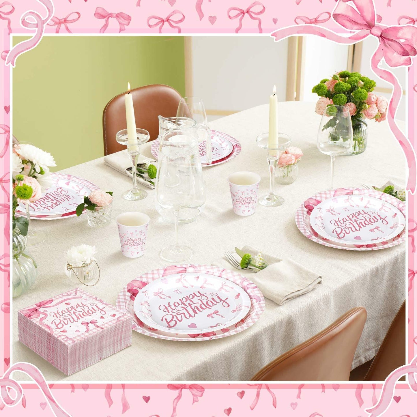 Coquette Pink Bow Birthday Party Supplies 216 Pcs Plates Napkins Set