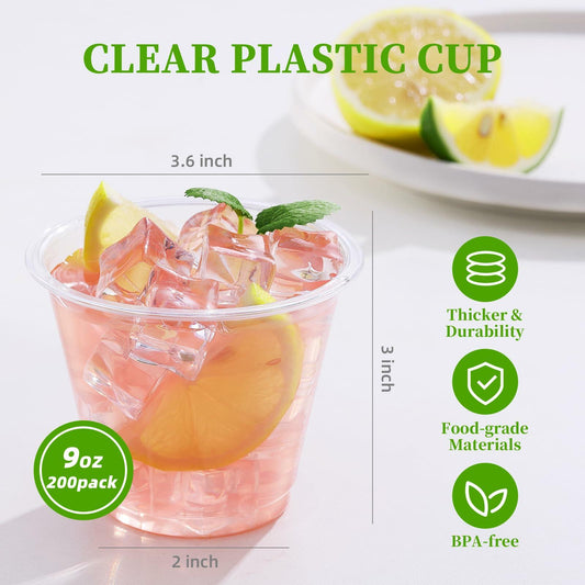 WELLIFE 9oz Clear Plastic Cups 200 Pack Disposable Party Glasses Wine Cold