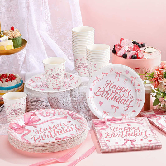 Coquette Pink Bow Birthday Party Supplies 216 Pcs Plates Napkins Set