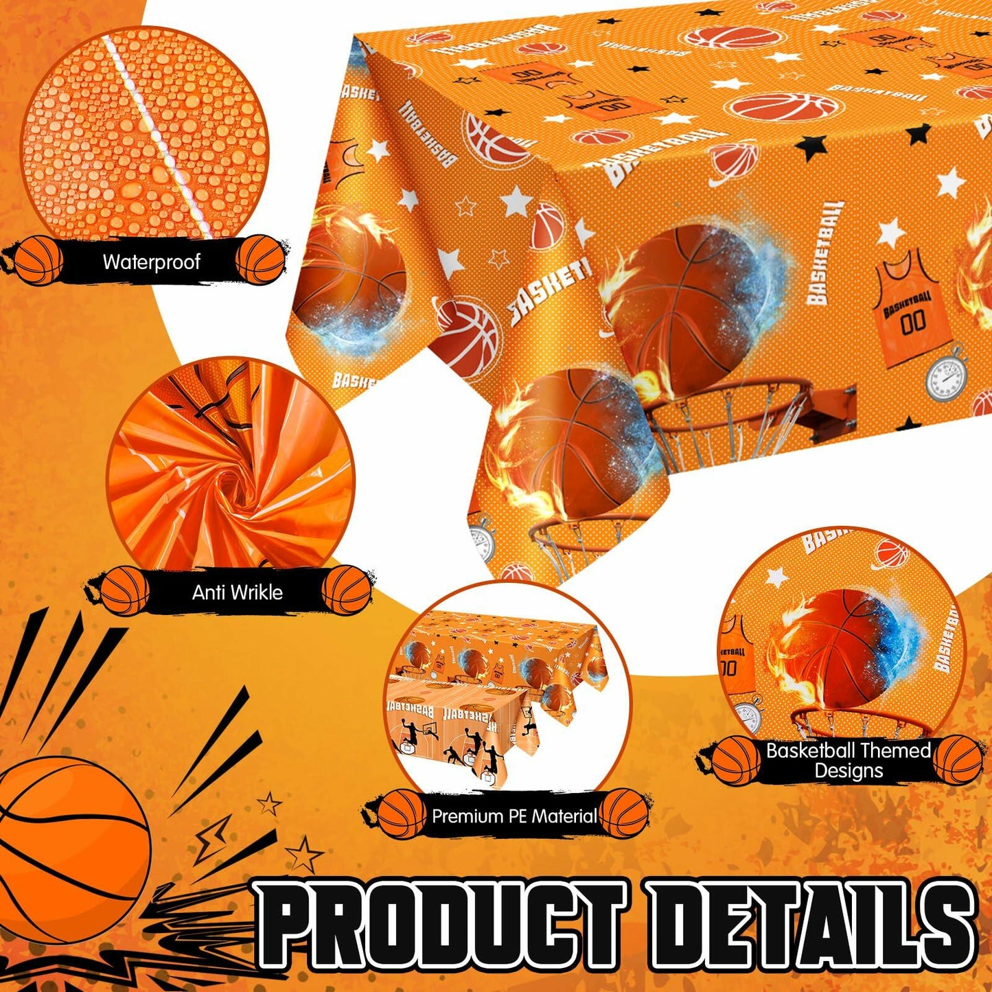 Mindsoft Basketball Tablecloths Disposable Plastic 54x108 Inches 12 Pcs