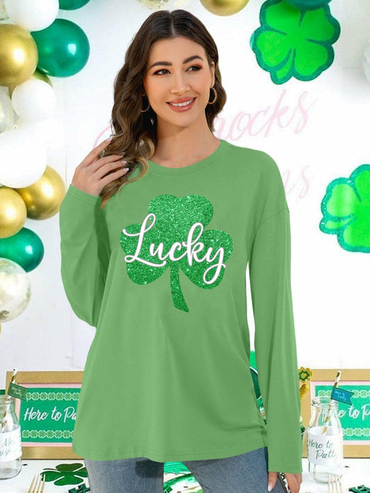 St Patrick's Day Oversized Lucky Shamrock Long Sleeve Tee Size M