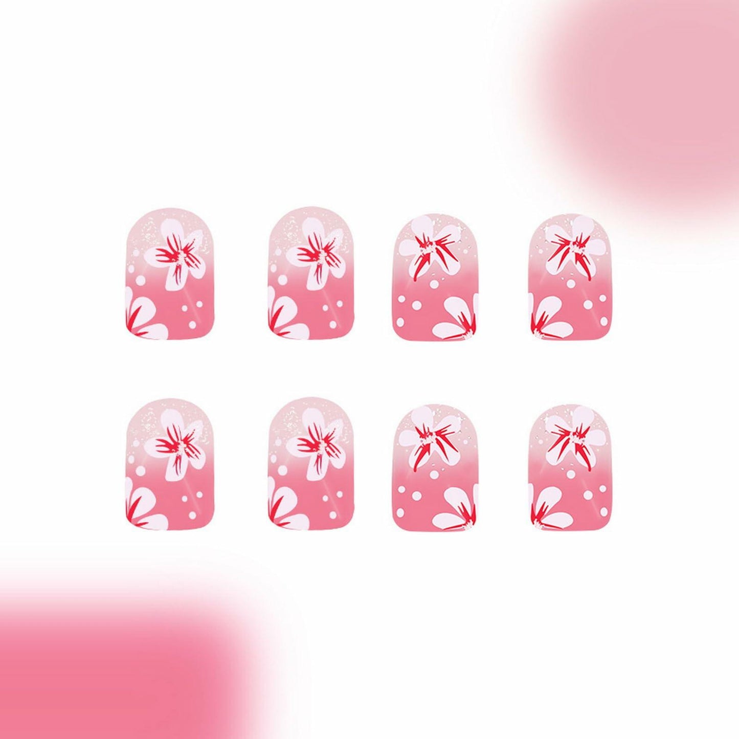 24Pcs Pink Gradient Press On Nails Short Floral Fake Nails with Glue Women