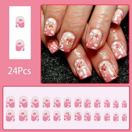 24Pcs Pink Gradient Press On Nails Short Floral Fake Nails with Glue Women