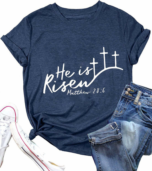 He is Risen Women's Easter Christian T-Shirt Navy Blue Size M