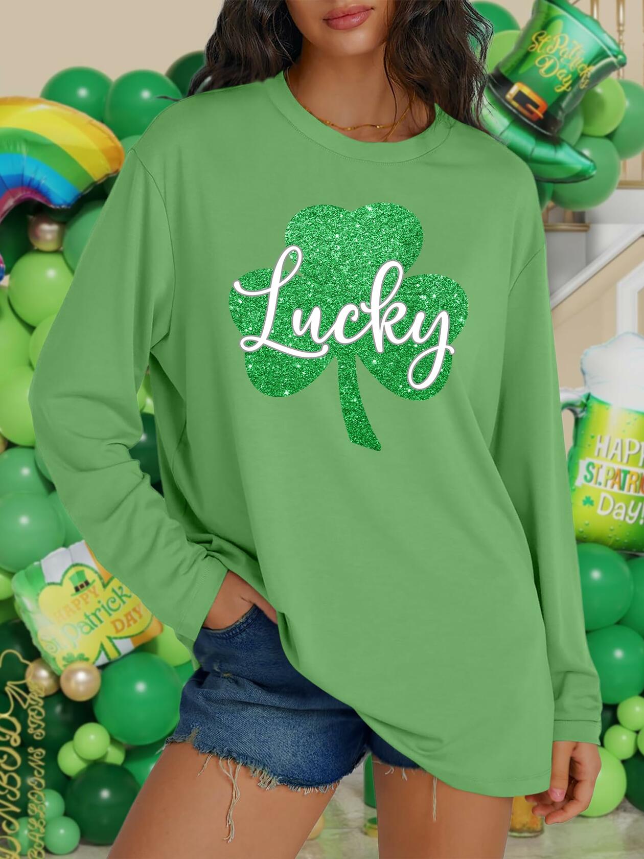 St Patrick's Day Oversized Lucky Shamrock Long Sleeve Tee Size M