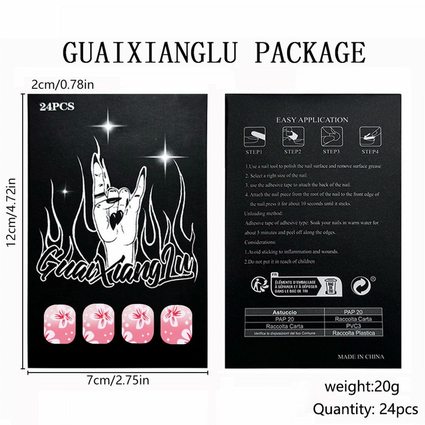 24Pcs Pink Gradient Press On Nails Short Floral Fake Nails with Glue Women