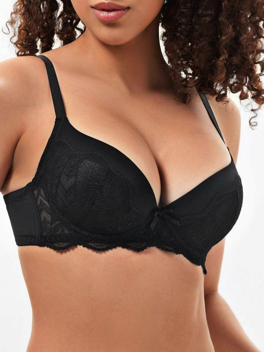 IHOIU Women's Lace Push Up Bra Padded Underwire Plunge Black Size 36C
