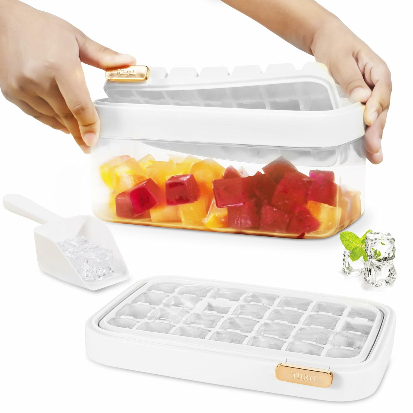 Ice Cube Tray 2-Pack with Lid, Bin & Scoop, 56 Pcs, Green Color