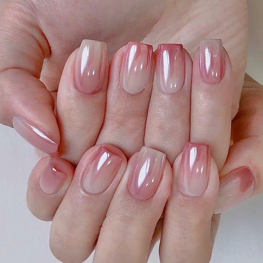 Press on Nails Medium Square Blue French Tip Maple Leaf Gold Foil 24pcs